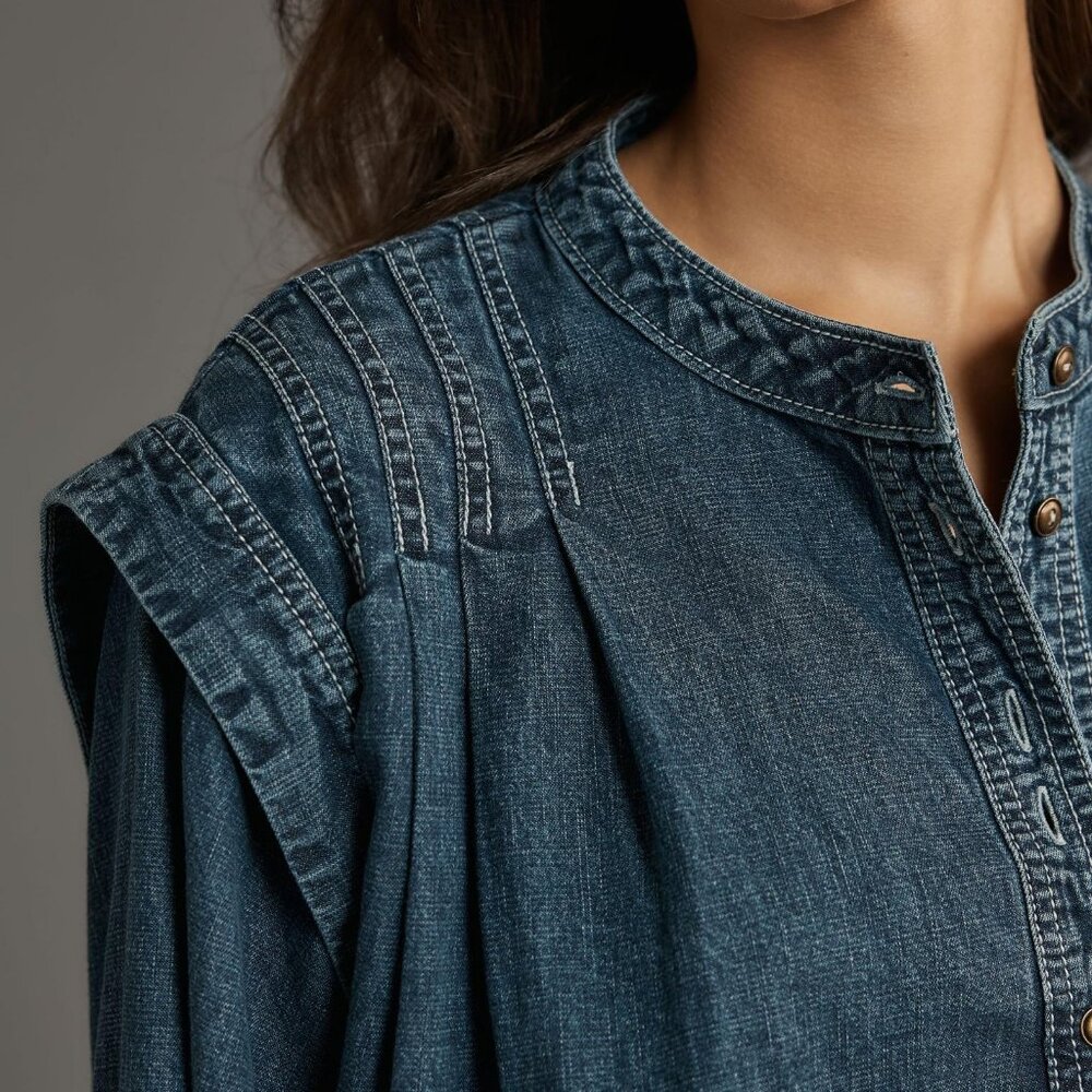 Anthropologie Pilcro Long-Sleeve Denim Buttondown Shirt Denim Blue Top XS - Picture 2 of 4